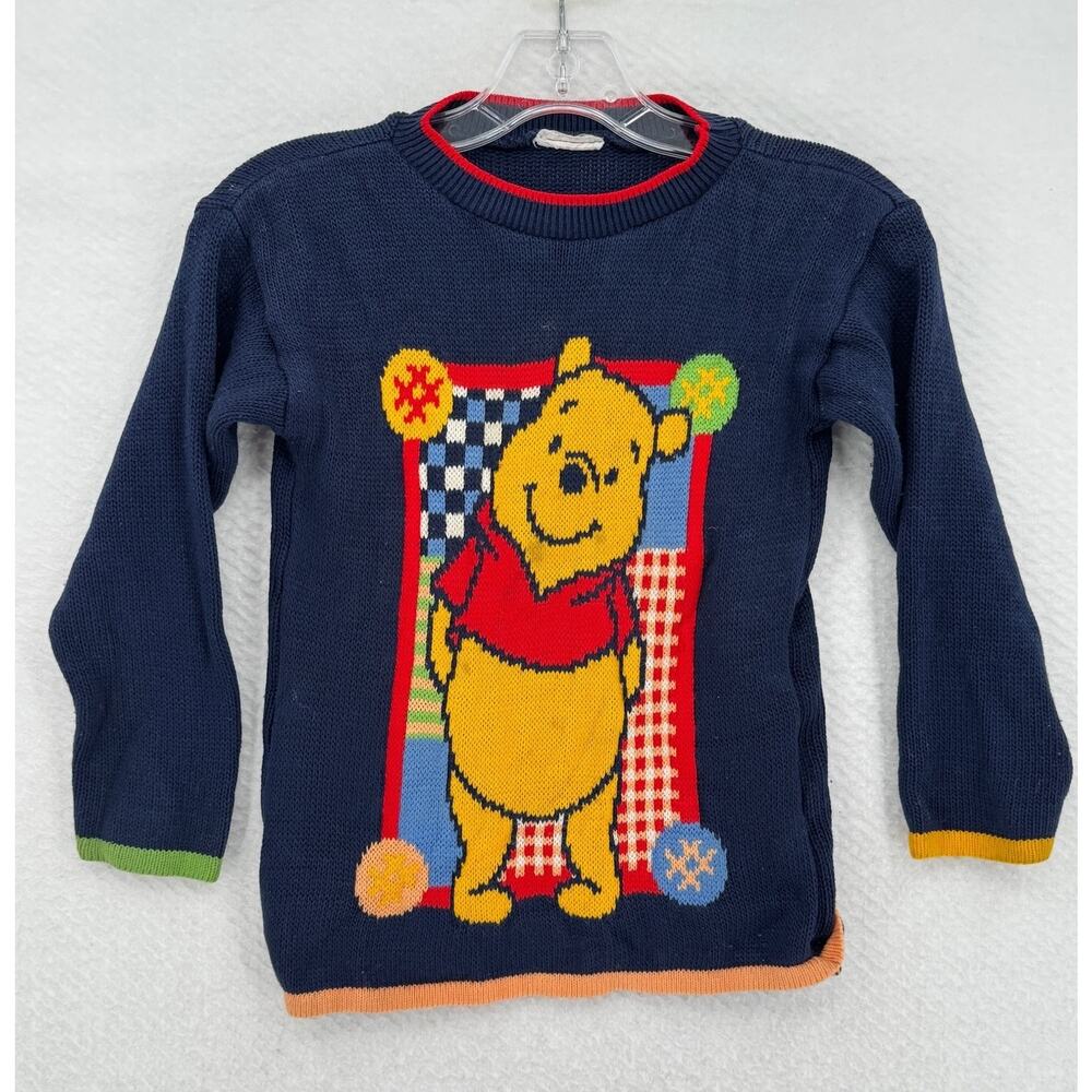 Vintage Kids Winnie the Pooh Navy Blue Patchwork Graphic Knit Crew Sweater